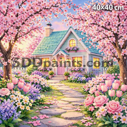 5DDPaints.com Arts & Crafts Cherry Blossom Cottage Garden Diamond Painting Kit 40x40cm
