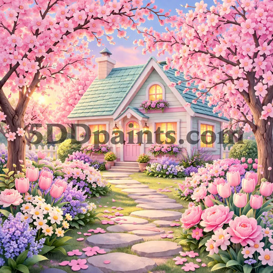 5DDPaints.com Arts & Crafts Cherry Blossom Cottage Garden Diamond Painting Kit 40x40cm