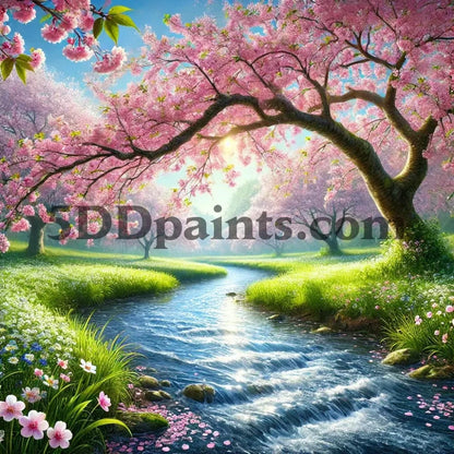 5DDPaints.com arts and crafts kit Cherry Blossom Serenity Stream Diamond Painting Kit