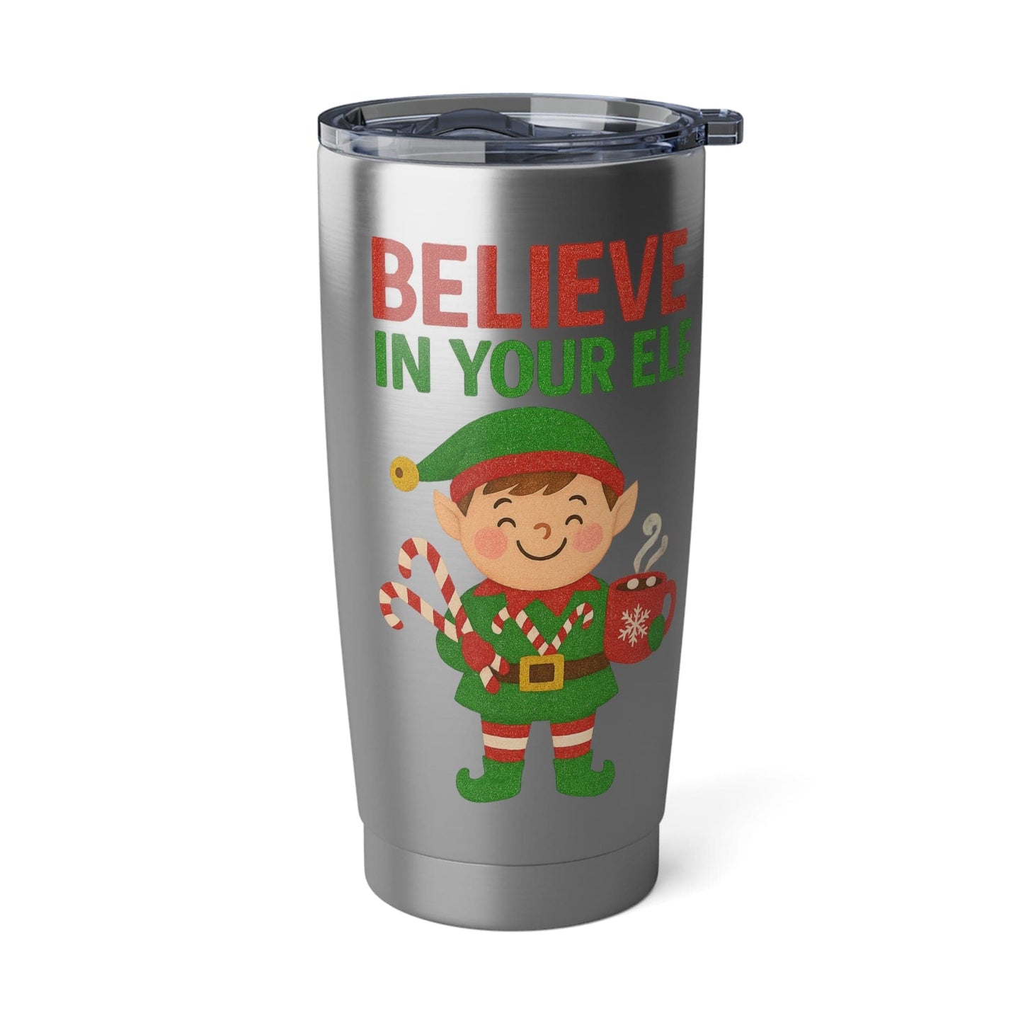 Printify Mug 20oz / Silver Christmas Spirit Tumbler - Believe in Your Elf, Holiday Travel Mug
