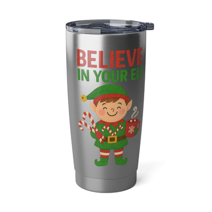 Printify Mug 20oz / Silver Christmas Spirit Tumbler - Believe in Your Elf, Holiday Travel Mug