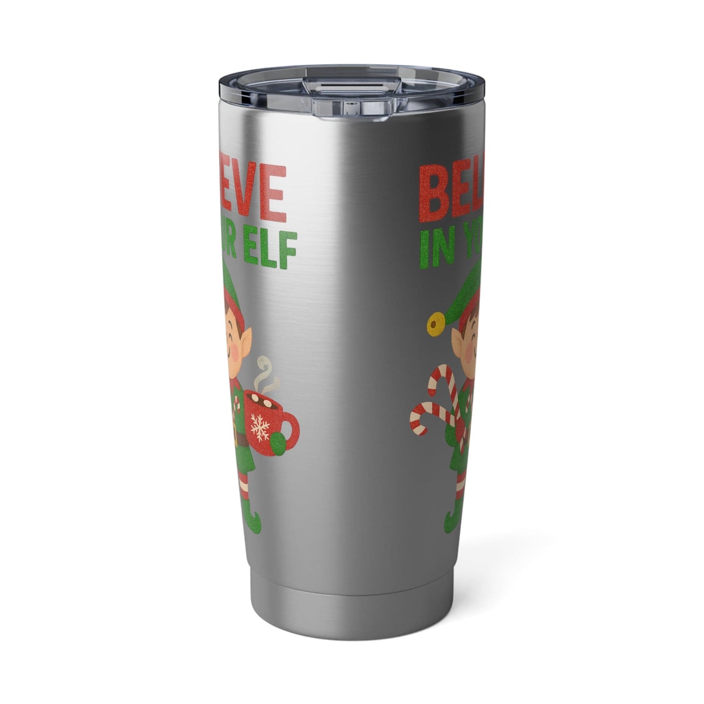 Printify Mug 20oz / Silver Christmas Spirit Tumbler - Believe in Your Elf, Holiday Travel Mug