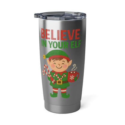 Printify Mug 20oz / Silver Christmas Spirit Tumbler - Believe in Your Elf, Holiday Travel Mug