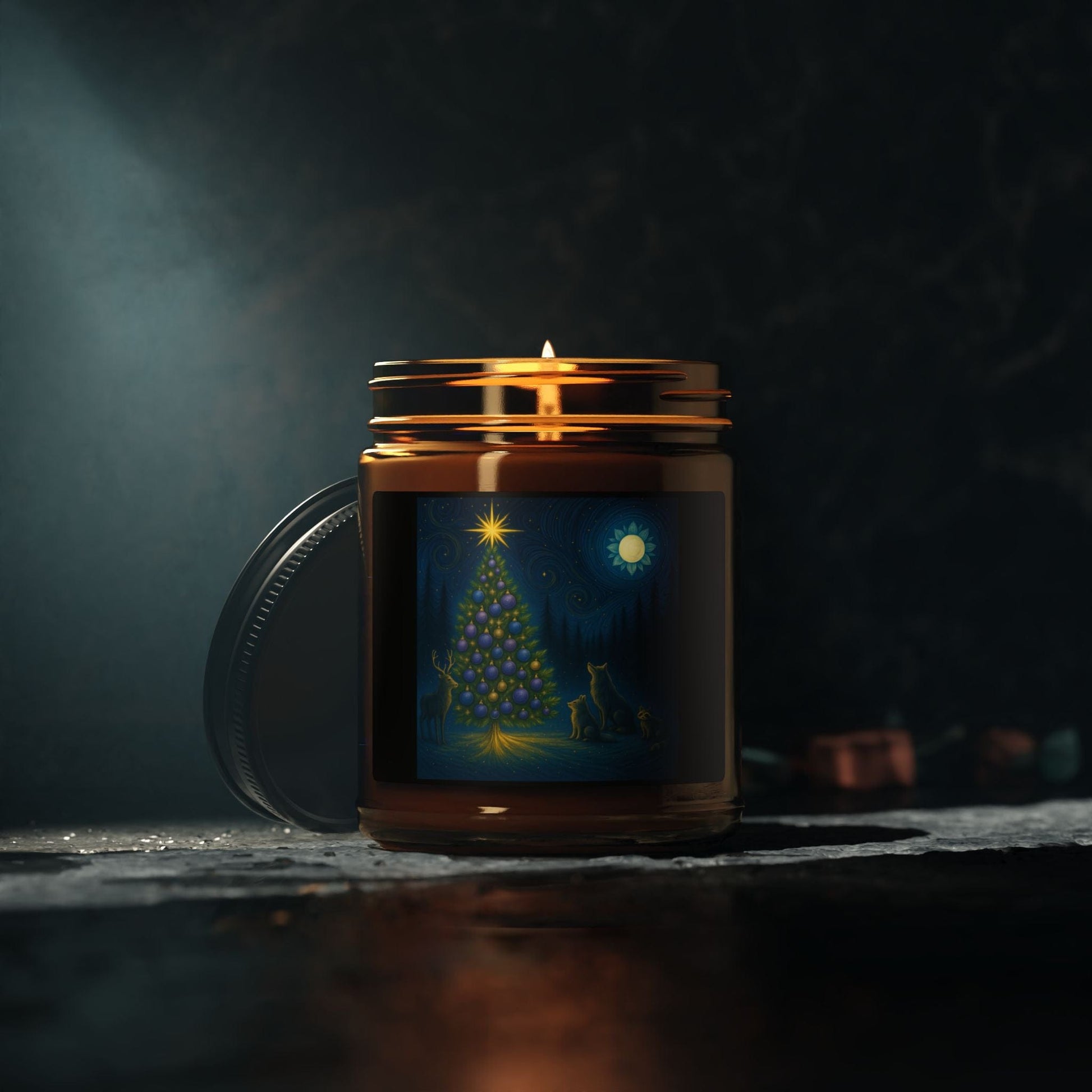 Printify Home Decor Christmas Tree Soy Candle — Amber Jar Holiday Scented Candle