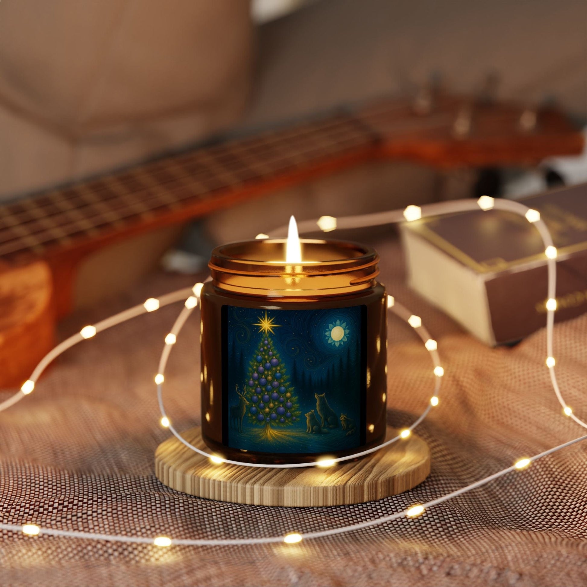 Printify Home Decor Christmas Tree Soy Candle — Amber Jar Holiday Scented Candle