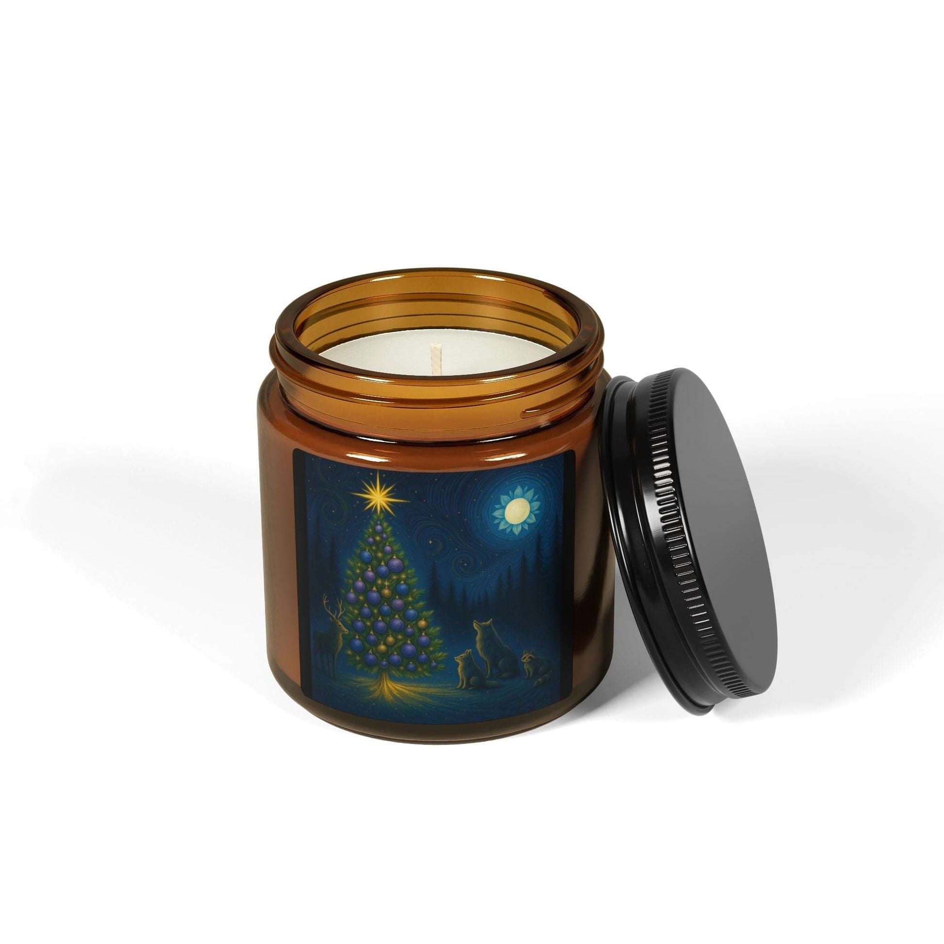 Printify Home Decor Christmas Tree Soy Candle — Amber Jar Holiday Scented Candle