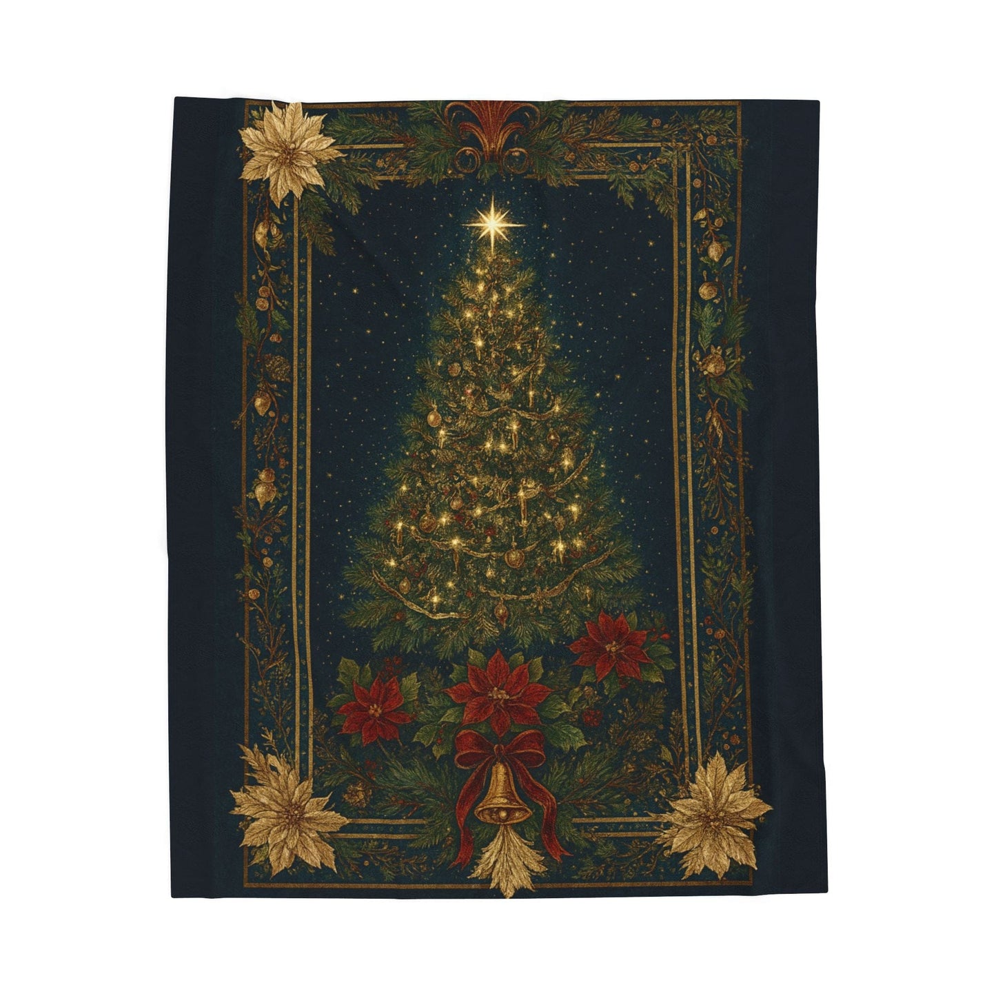 Printify All Over Prints 50" × 60" Christmas Tree Velveteen Plush Blanket – Vintage Holiday Poinsettia & Golden Bells Throw