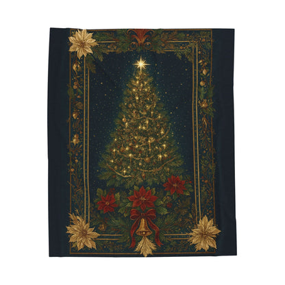 Printify All Over Prints 50" × 60" Christmas Tree Velveteen Plush Blanket – Vintage Holiday Poinsettia & Golden Bells Throw