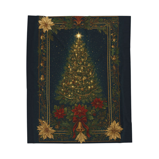 Printify All Over Prints 50" × 60" Christmas Tree Velveteen Plush Blanket – Vintage Holiday Poinsettia & Golden Bells Throw