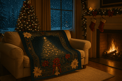 Printify All Over Prints Christmas Tree Velveteen Plush Blanket – Vintage Holiday Poinsettia & Golden Bells Throw