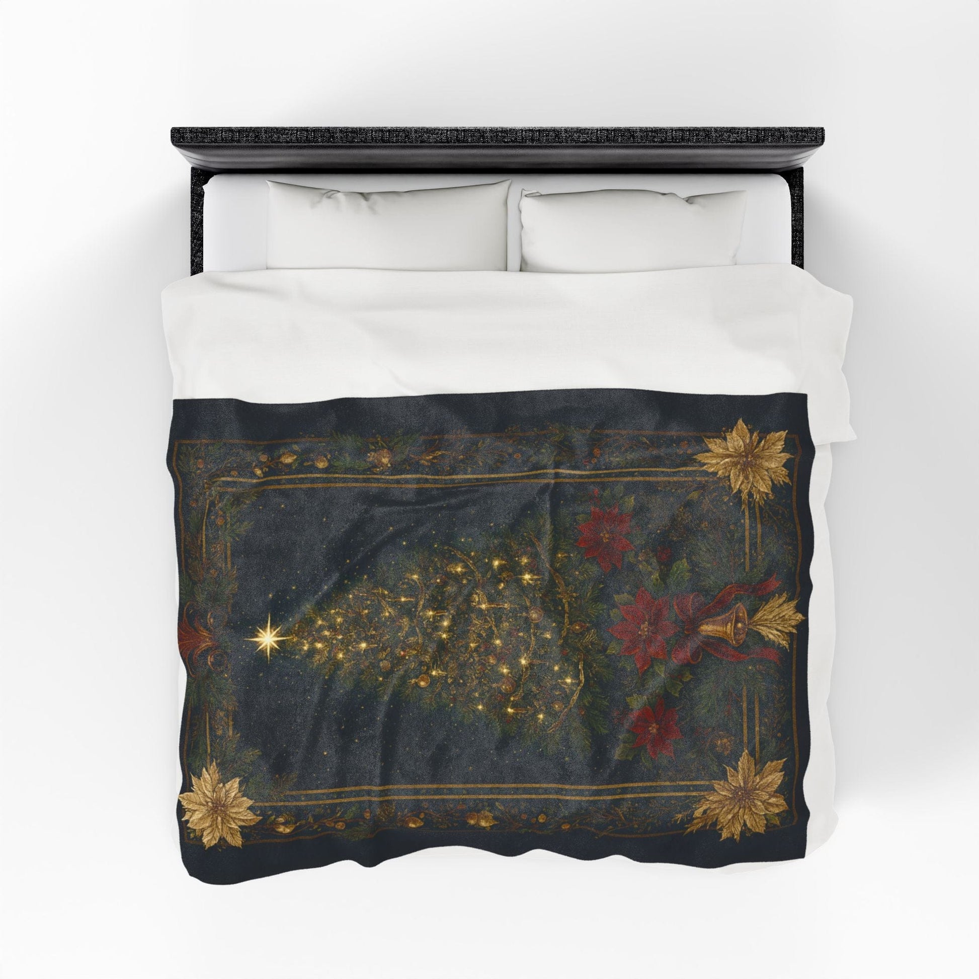 Printify All Over Prints Christmas Tree Velveteen Plush Blanket – Vintage Holiday Poinsettia & Golden Bells Throw