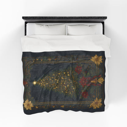 Printify All Over Prints Christmas Tree Velveteen Plush Blanket – Vintage Holiday Poinsettia & Golden Bells Throw