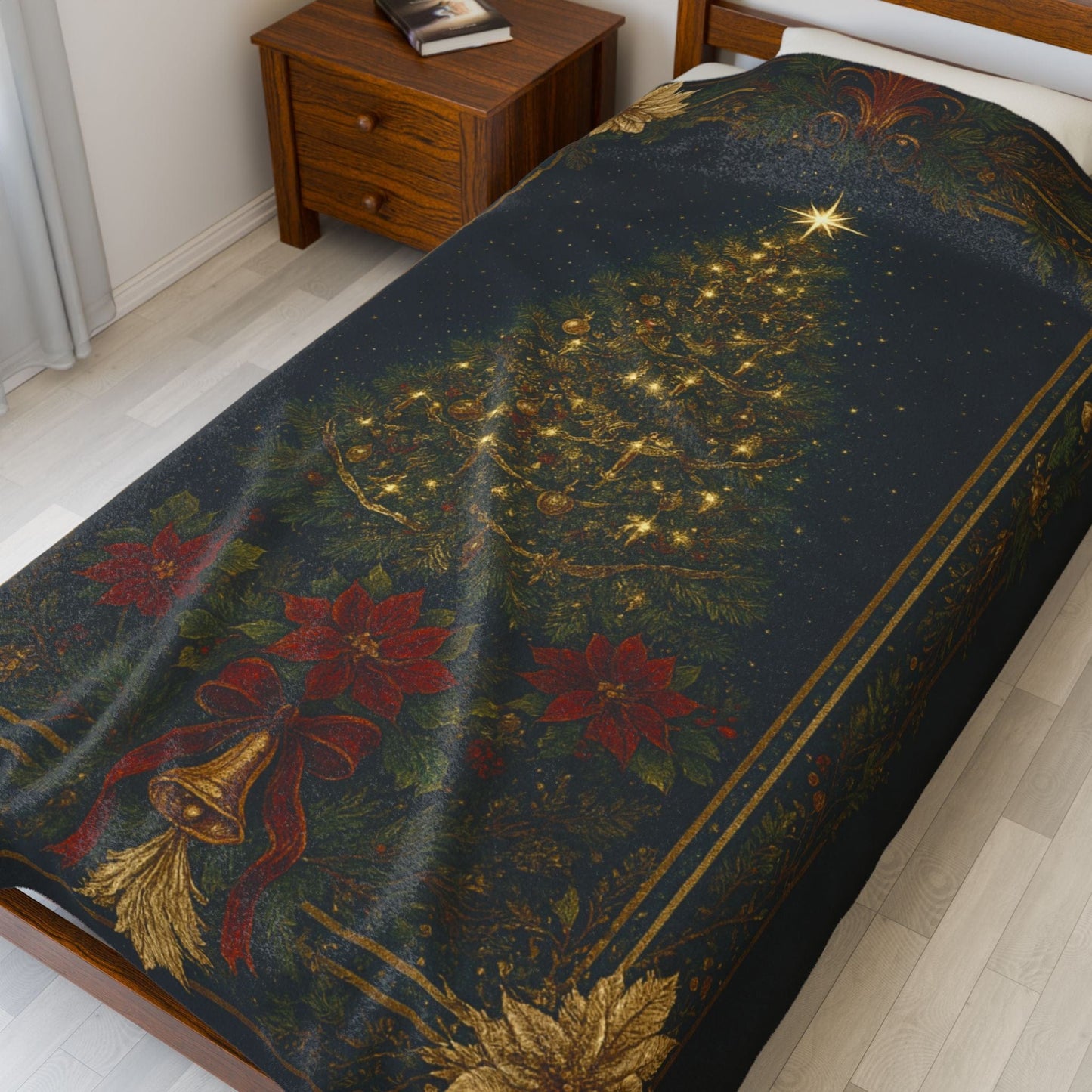 Printify All Over Prints Christmas Tree Velveteen Plush Blanket – Vintage Holiday Poinsettia & Golden Bells Throw