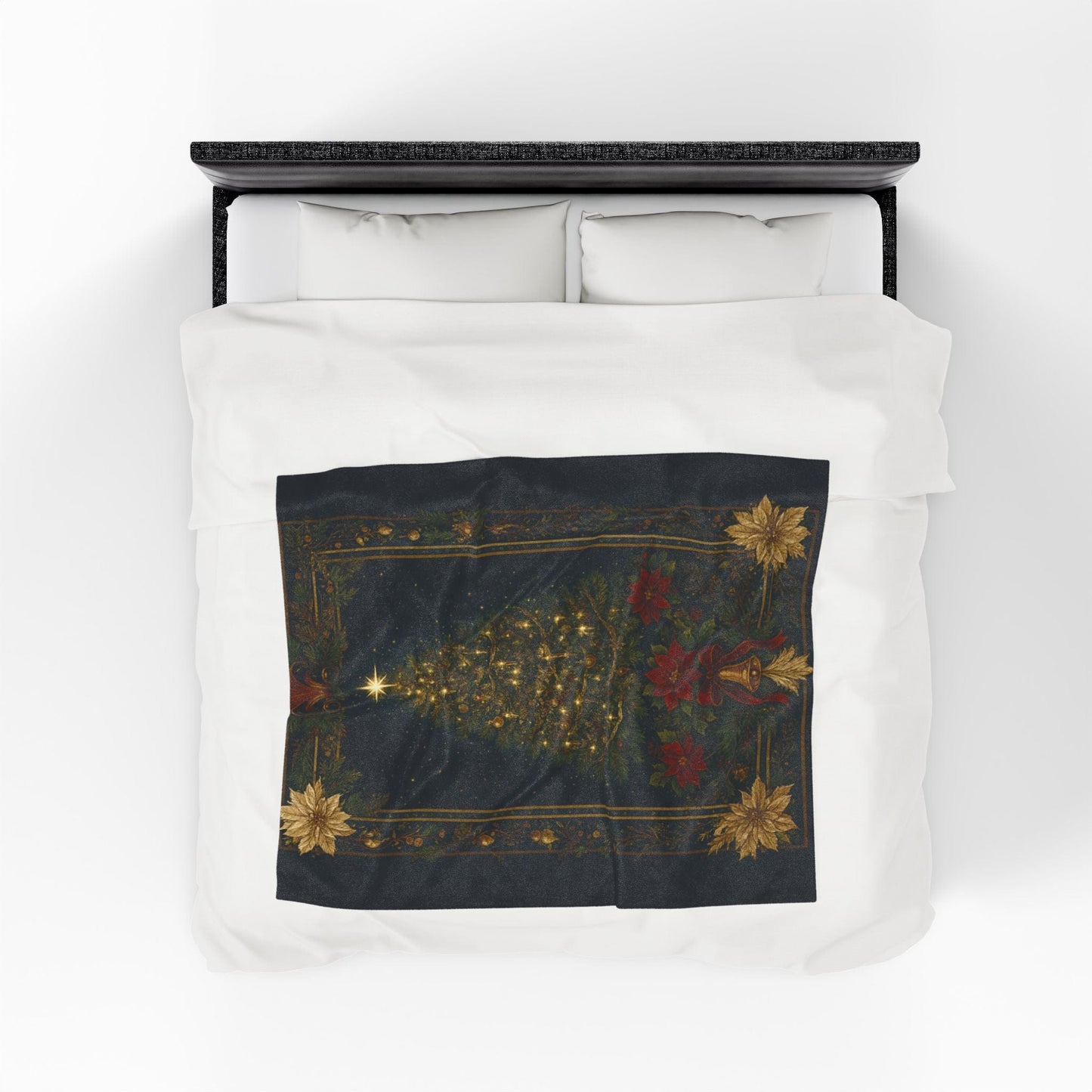 Printify All Over Prints Christmas Tree Velveteen Plush Blanket – Vintage Holiday Poinsettia & Golden Bells Throw