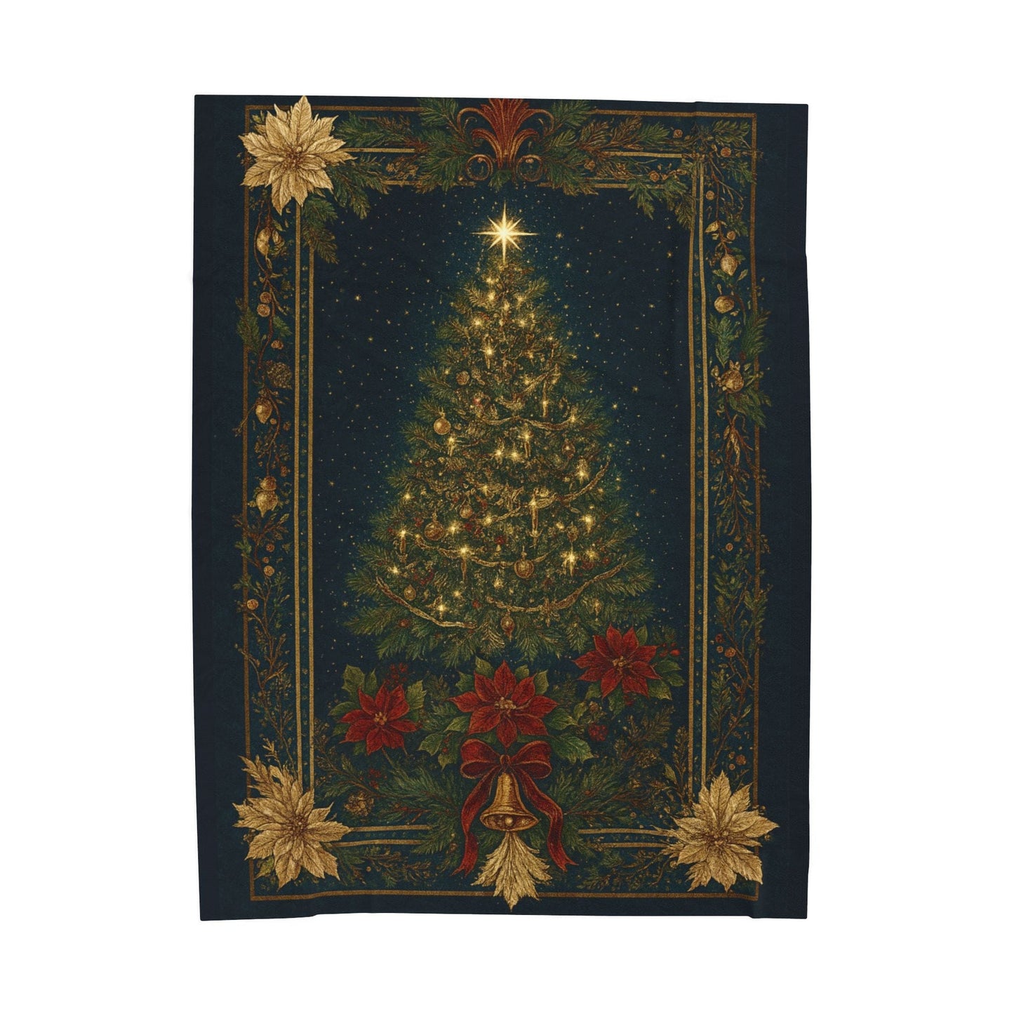 Printify All Over Prints 60" × 80" Christmas Tree Velveteen Plush Blanket – Vintage Holiday Poinsettia & Golden Bells Throw