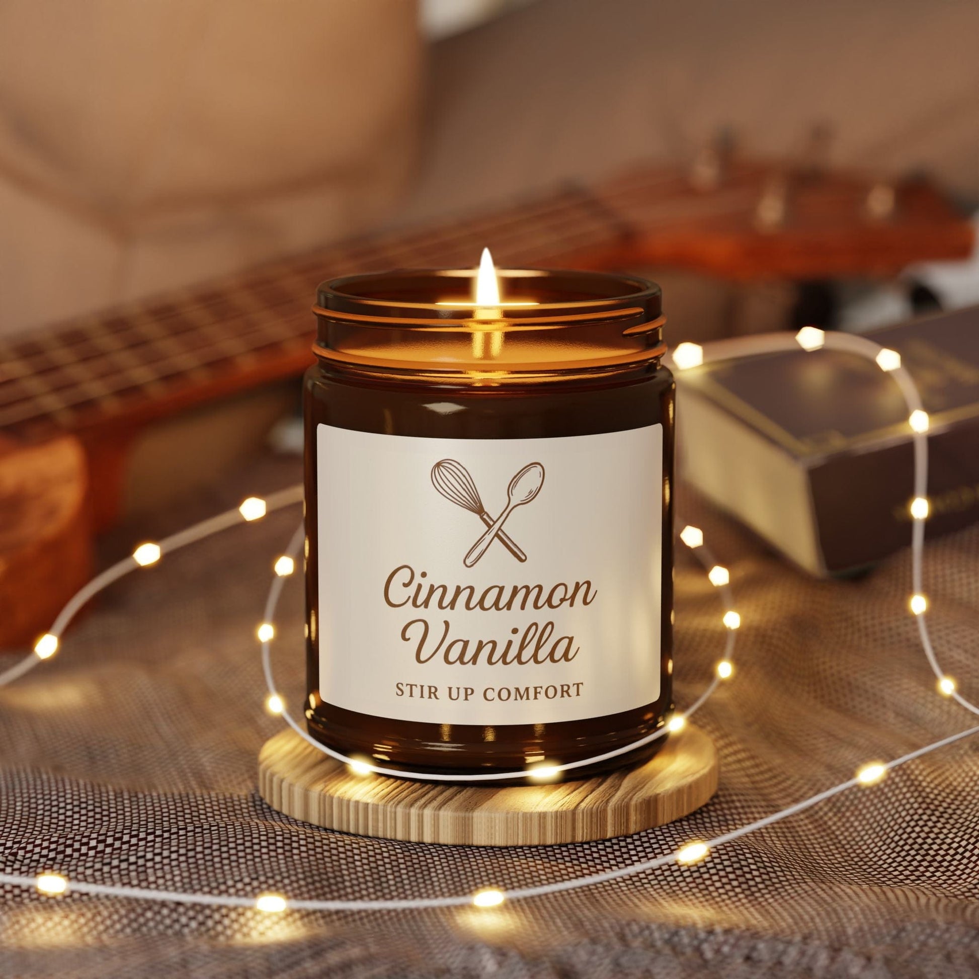 Printify Home Decor Cinnamon Vanilla Scented Soy Candle - Stir Up Comfort, Multi-Size Amber Jar