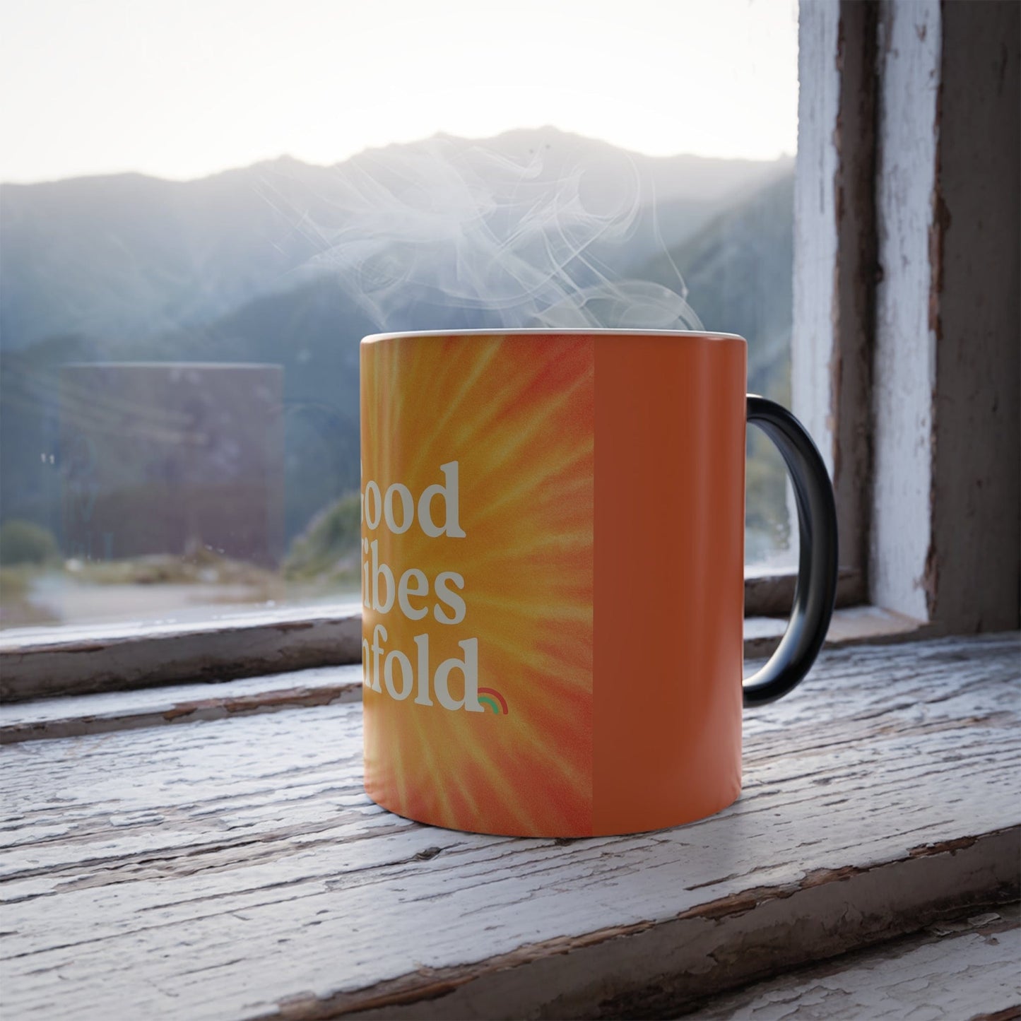 Printify Mug 11oz Color Morphing Mug – Good Vibes Unfold| Heat-Reactive Magic Coffee Cup