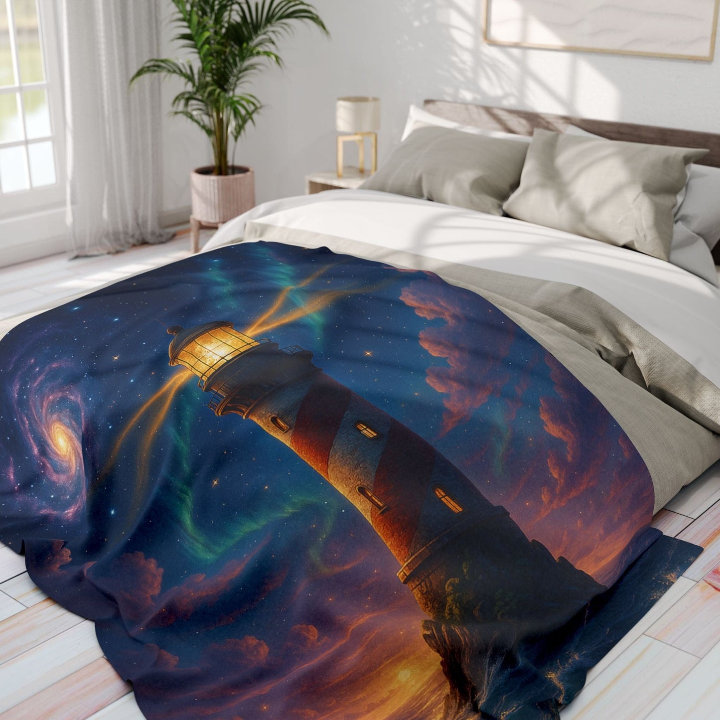 Printify Home Decor Cosmic Lighthouse Fleece Blanket - Cozy Arctic Blanket for Stargazers