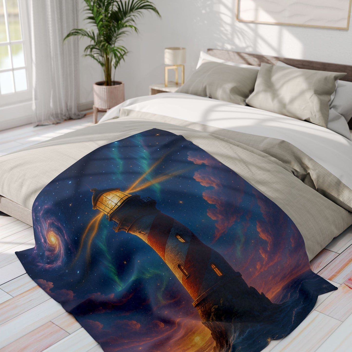 Printify Home Decor Cosmic Lighthouse Fleece Blanket - Cozy Arctic Blanket for Stargazers
