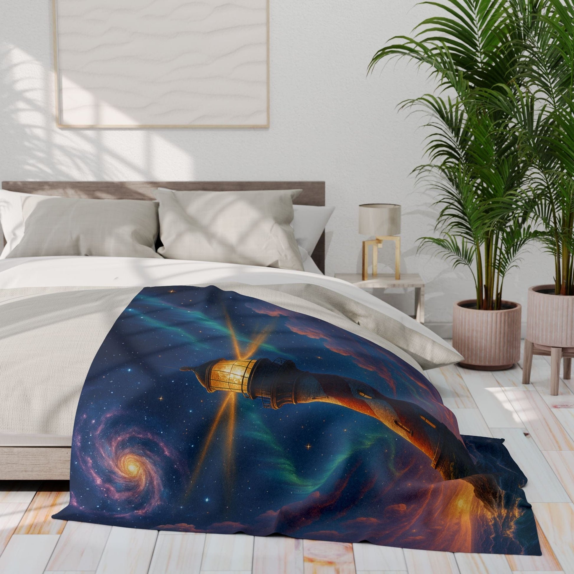 Printify Home Decor Cosmic Lighthouse Fleece Blanket - Cozy Arctic Blanket for Stargazers