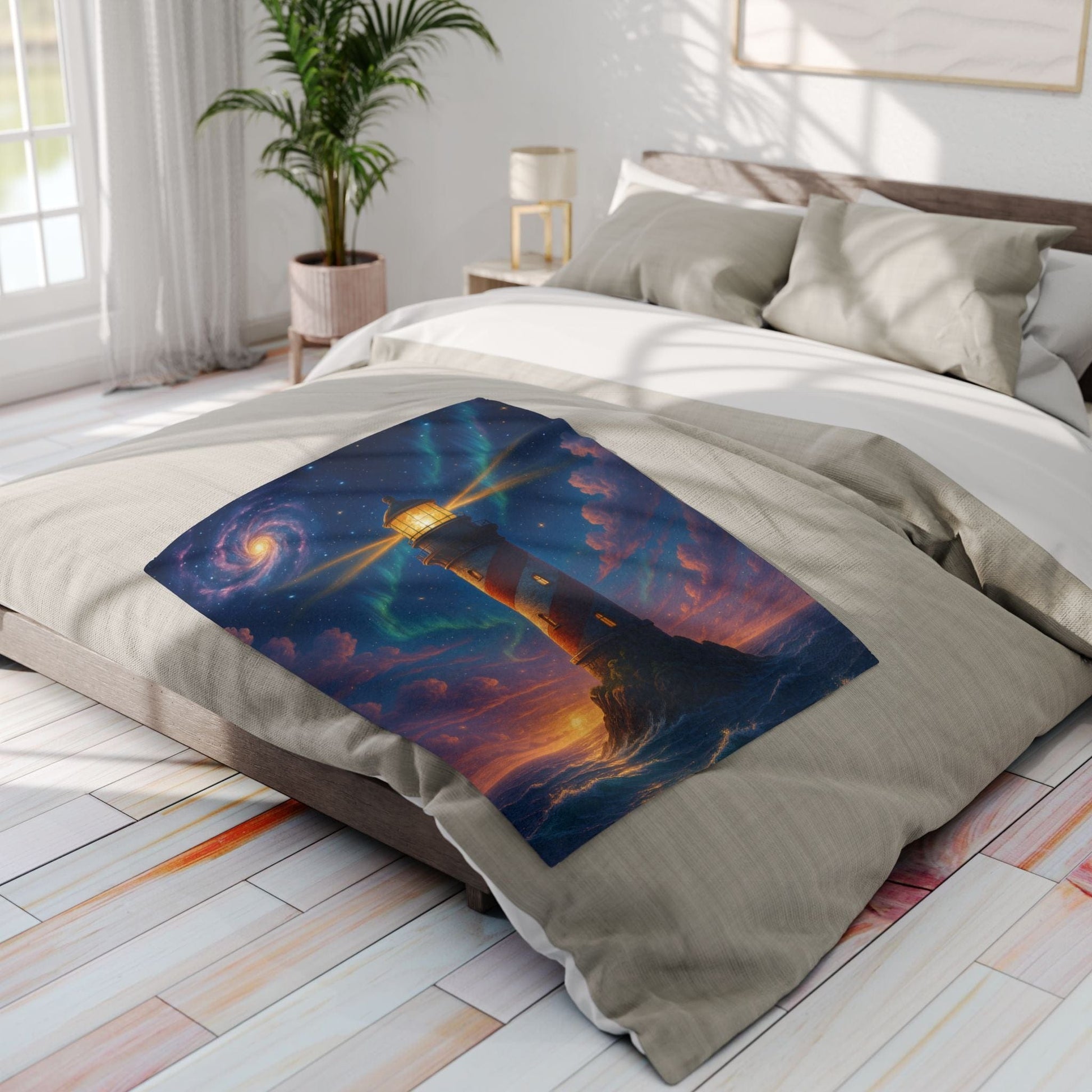 Printify Home Decor Cosmic Lighthouse Fleece Blanket - Cozy Arctic Blanket for Stargazers