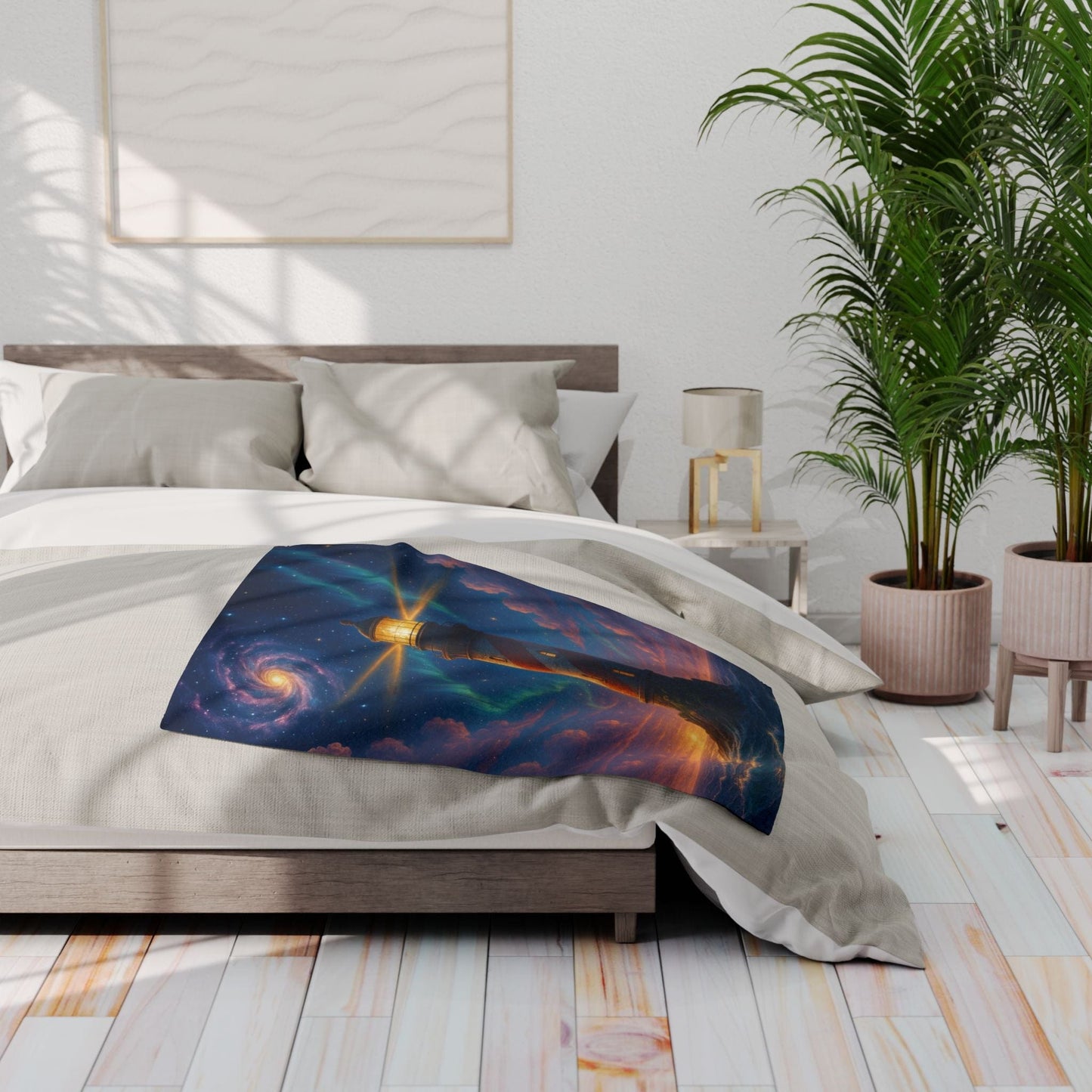 Printify Home Decor Cosmic Lighthouse Fleece Blanket - Cozy Arctic Blanket for Stargazers