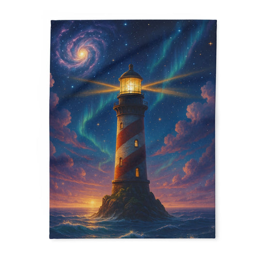 Printify Home Decor 30'' × 40'' Cosmic Lighthouse Fleece Blanket - Cozy Arctic Blanket for Stargazers