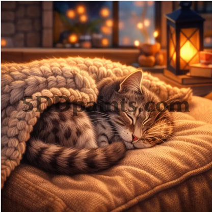 5DDPaints.com Art & Craft Kits Gray tabby curled up by lantern light / 20x20cm / Square Cozy Companions – Diamond Painting Pet Collection
