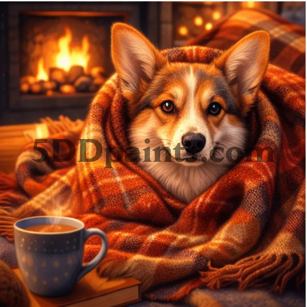 5DDPaints.com Art & Craft Kits Corgi tucked into a plaid throw / 20x20cm / Square Cozy Companions – Diamond Painting Pet Collection