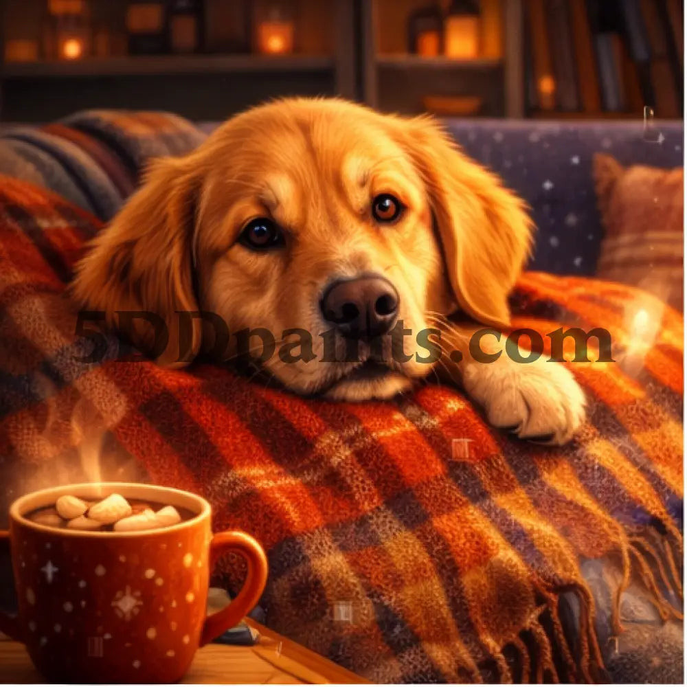 5DDPaints.com Art & Craft Kits Golden retriever resting by a warm fire / 20x20cm / Square Cozy Companions – Diamond Painting Pet Collection