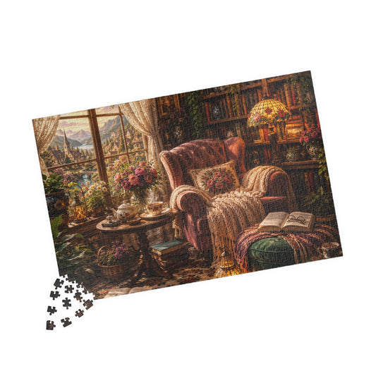 Printify Puzzle Cozy Reading Nook Jigsaw Puzzle | 520 or 1014 Pieces