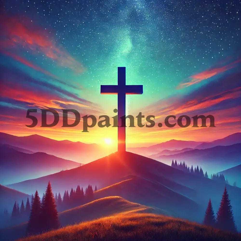 5DDPaints.com arts and crafts kit Cross on the Hill at Sunrise Diamond Painting Kit