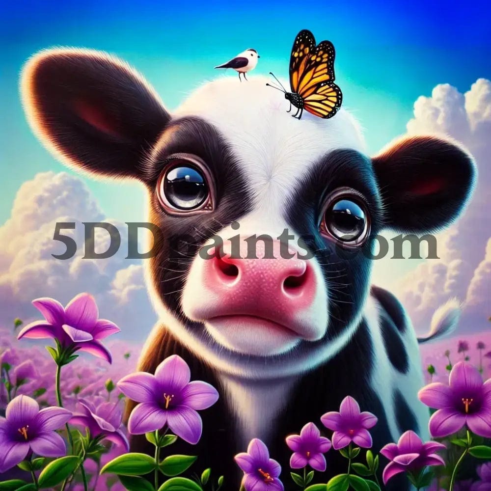 5DDPaints.com arts and crafts kit Curious Cow with Butterfly 5D Diamond Painting Kit – 40x50cm & 50x70cm