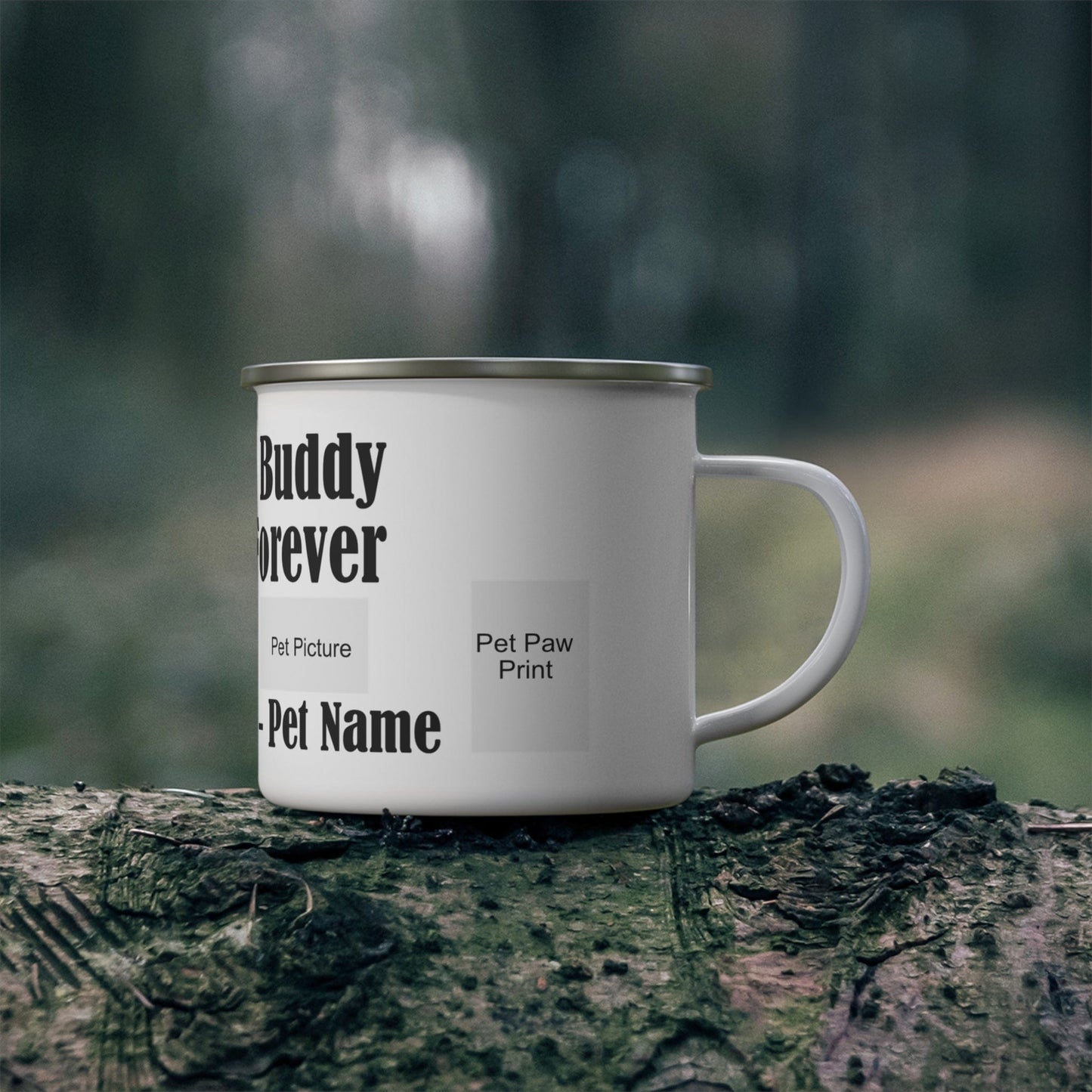 Printify Mug 12oz Custom “Hiking Buddy Forever” Enamel Camping Mug – Personalized Dog Photo & Paw Print Keepsake