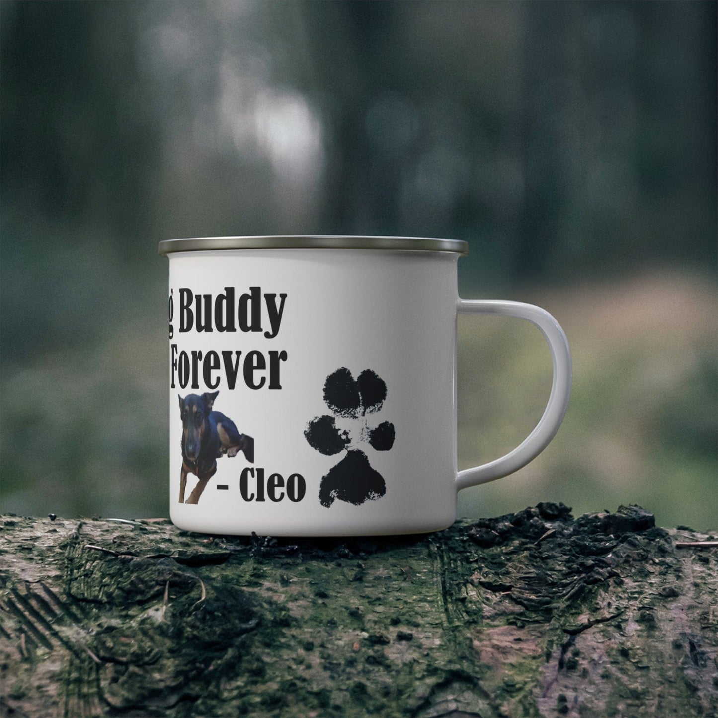 Printify Mug 12oz Custom “Hiking Buddy Forever” Enamel Camping Mug – Personalized Dog Photo & Paw Print Keepsake