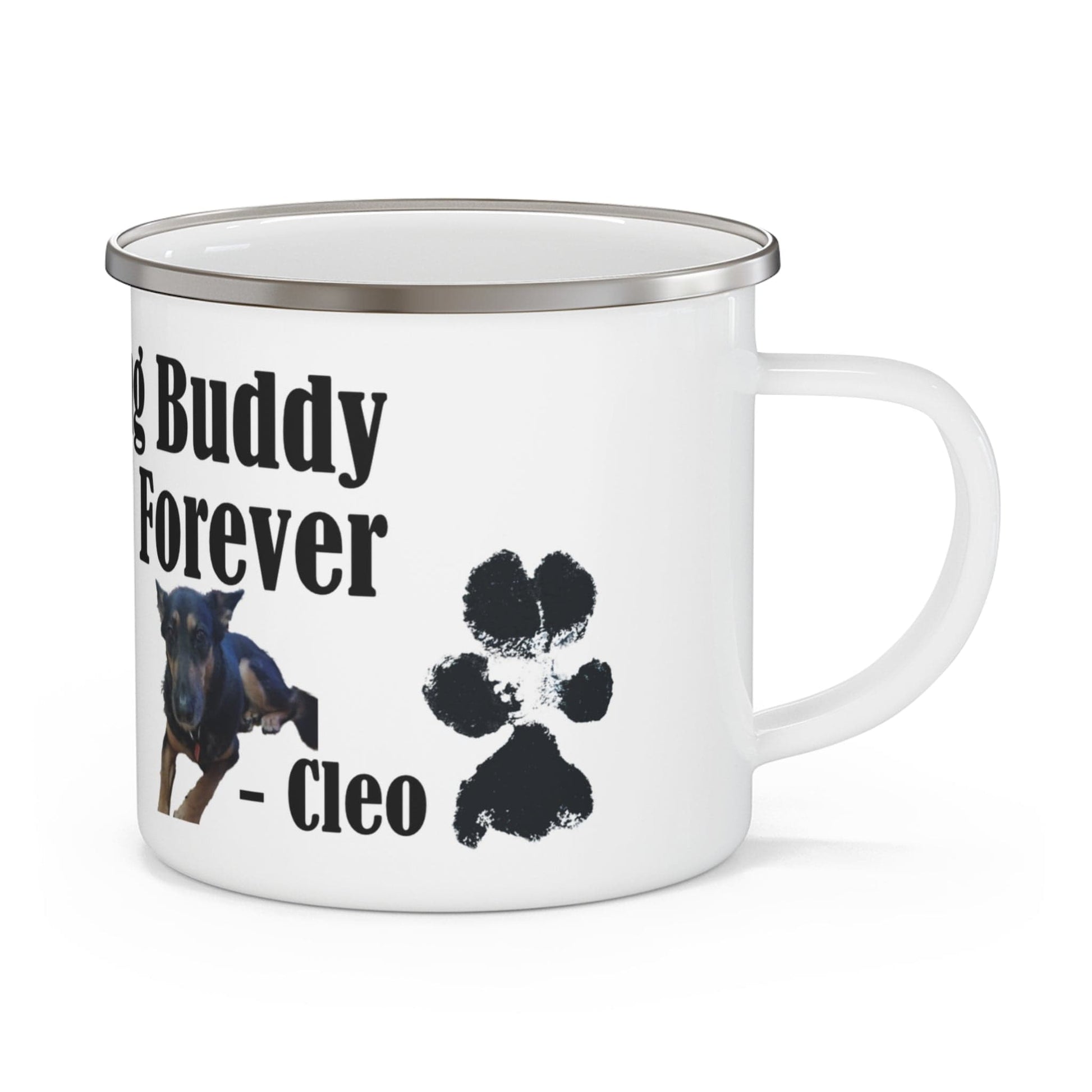 Printify Mug 12oz Custom “Hiking Buddy Forever” Enamel Camping Mug – Personalized Dog Photo & Paw Print Keepsake