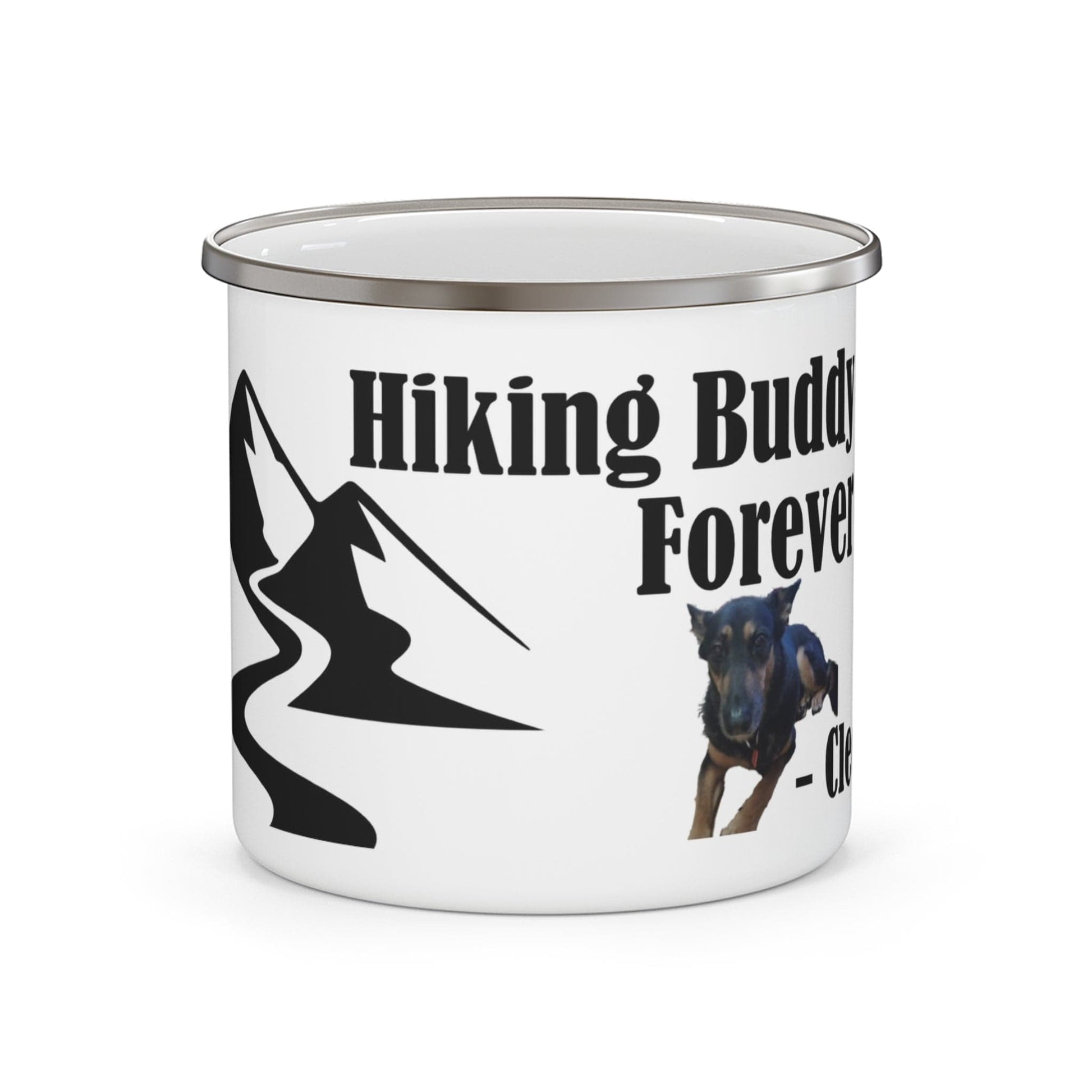 Printify Mug 12oz Custom “Hiking Buddy Forever” Enamel Camping Mug – Personalized Dog Photo & Paw Print Keepsake