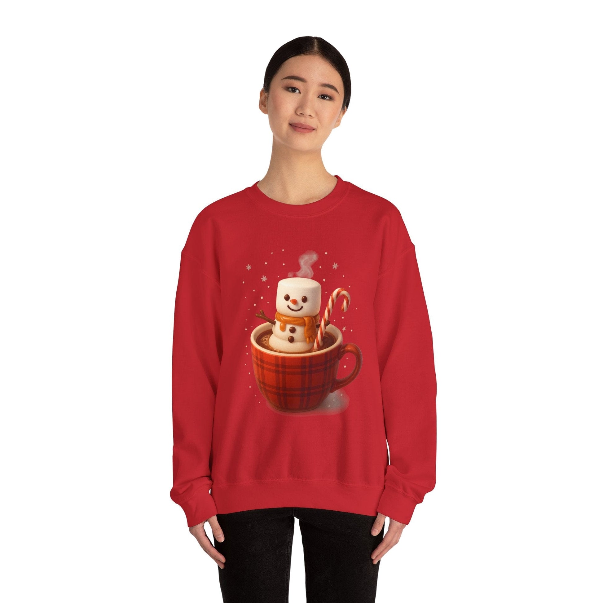 Printify Sweatshirt Cute Marshmallow Snowman in Plaid Mug Holiday Crewneck