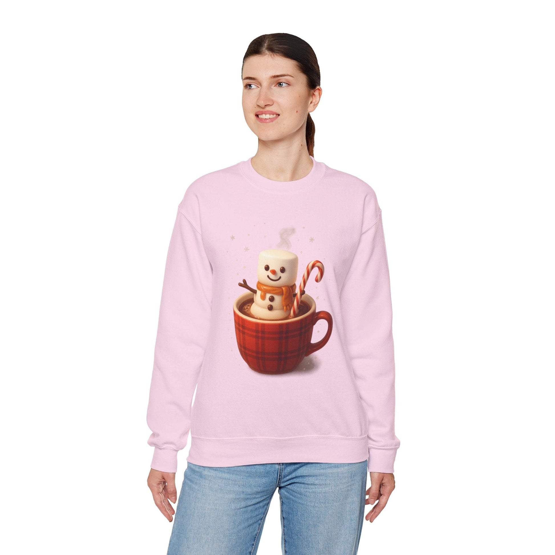 Printify Sweatshirt Cute Marshmallow Snowman in Plaid Mug Holiday Crewneck