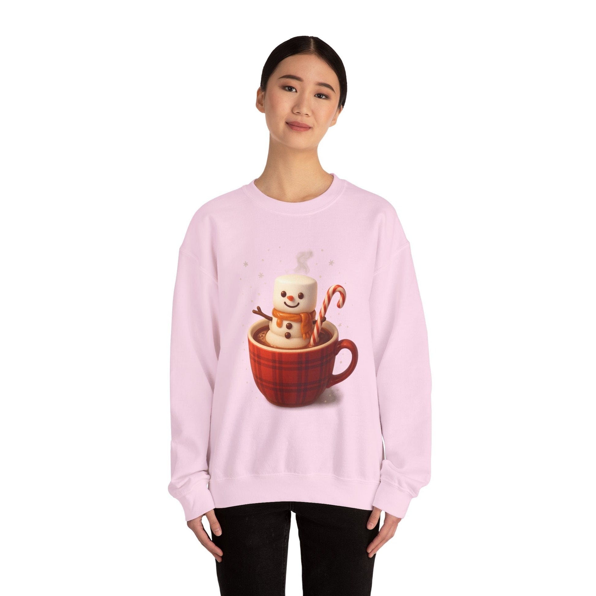 Printify Sweatshirt Cute Marshmallow Snowman in Plaid Mug Holiday Crewneck
