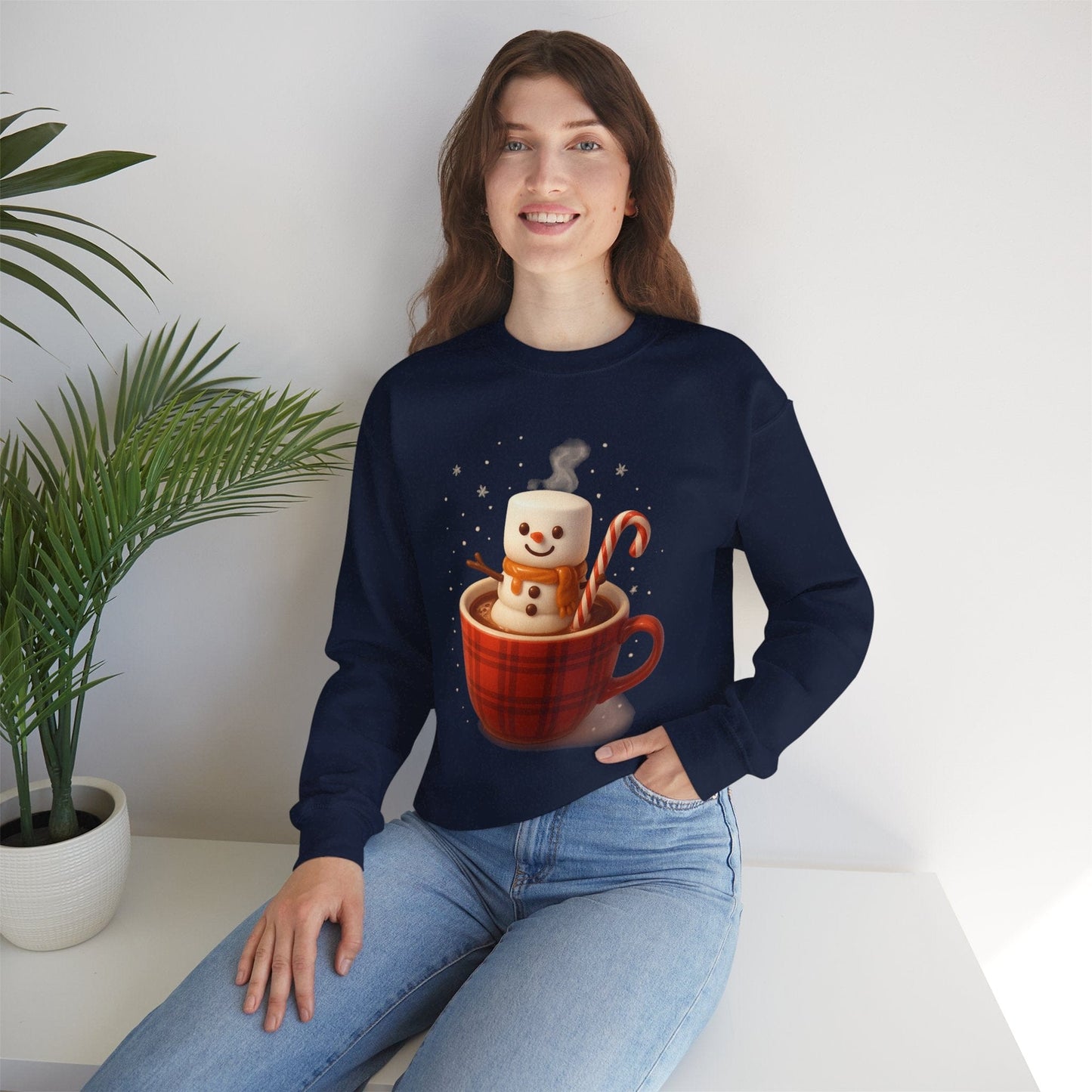 Printify Sweatshirt Cute Marshmallow Snowman in Plaid Mug Holiday Crewneck