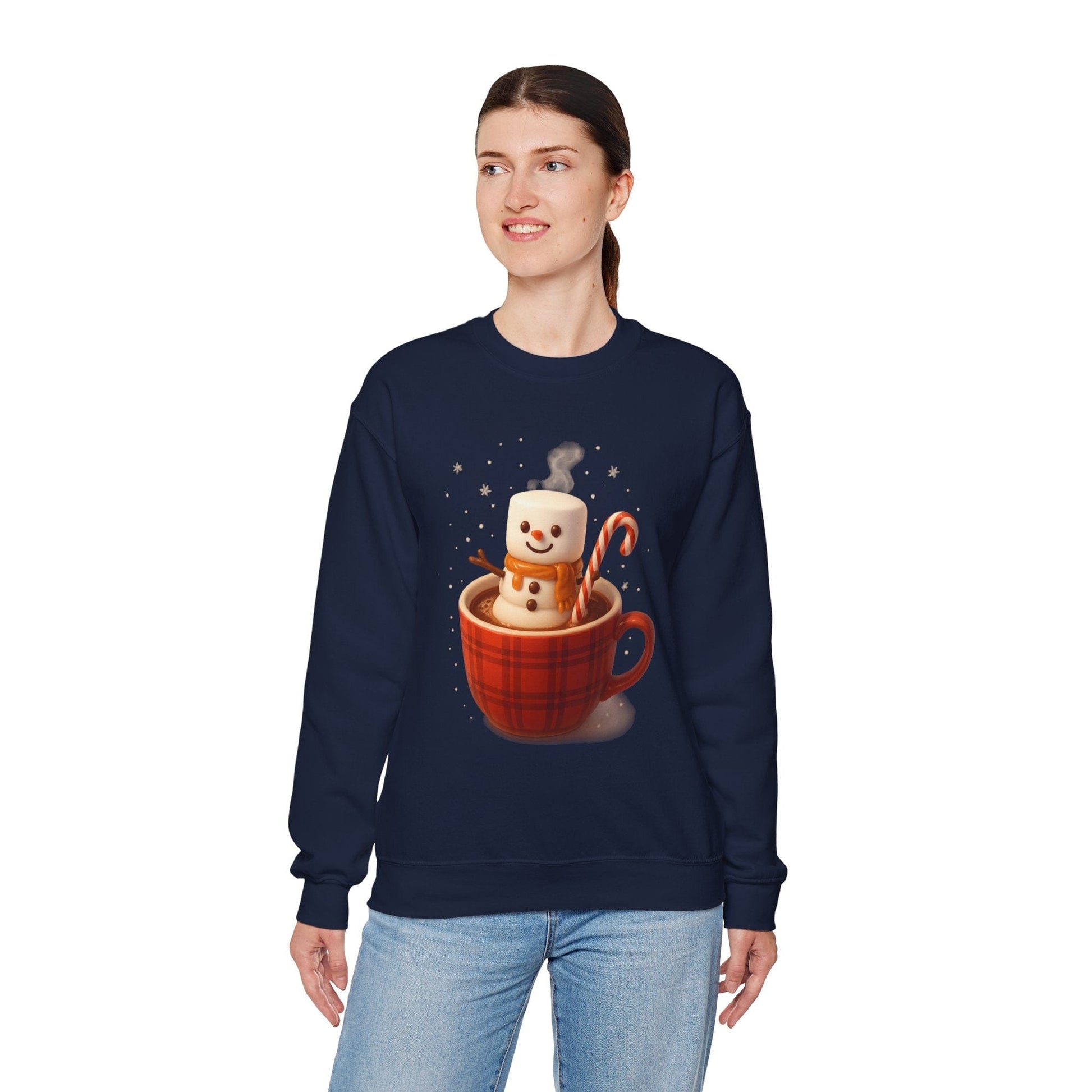 Printify Sweatshirt Cute Marshmallow Snowman in Plaid Mug Holiday Crewneck