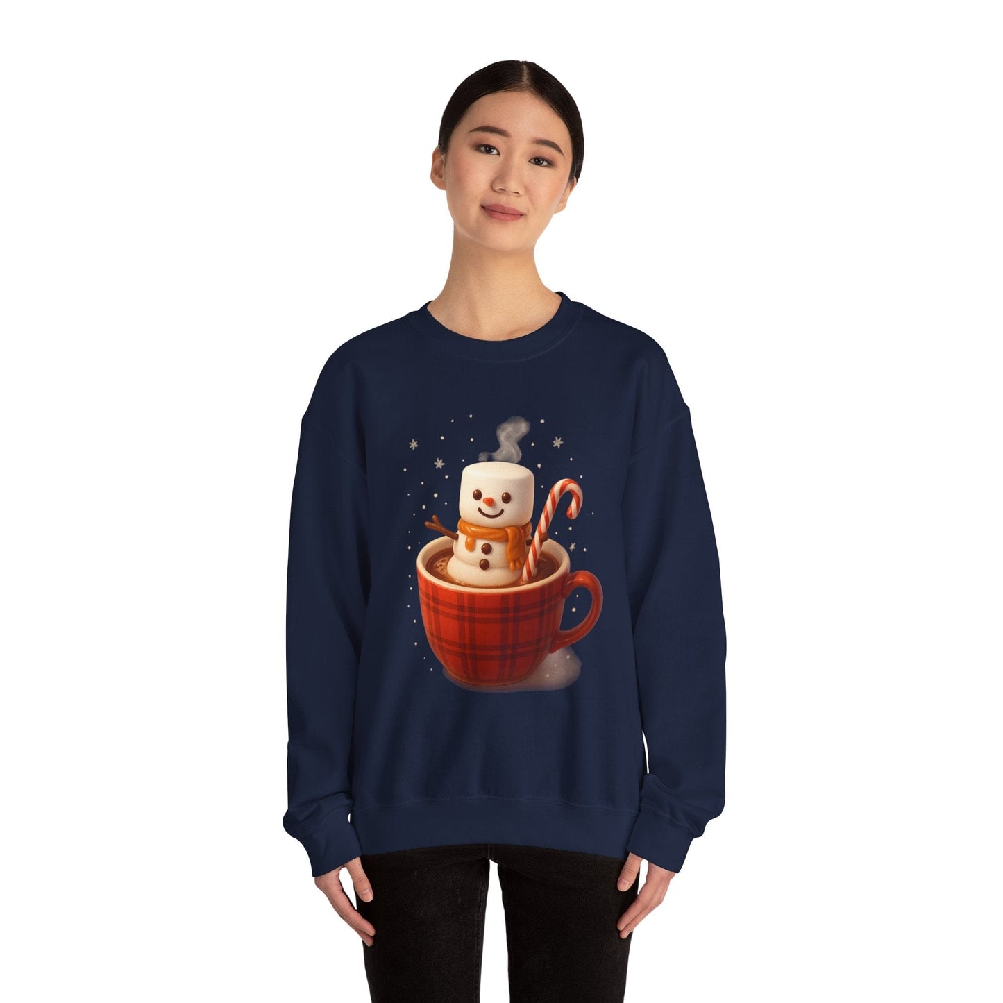 Printify Sweatshirt Cute Marshmallow Snowman in Plaid Mug Holiday Crewneck