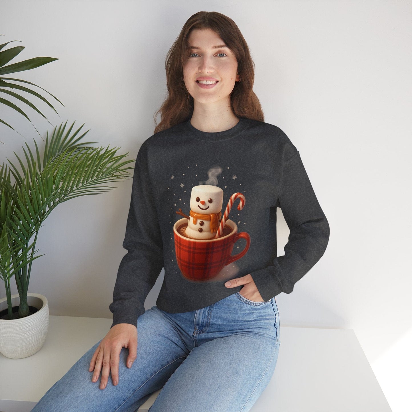 Printify Sweatshirt Cute Marshmallow Snowman in Plaid Mug Holiday Crewneck