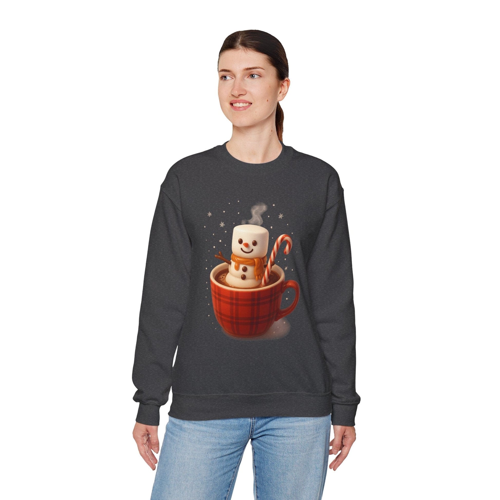 Printify Sweatshirt Cute Marshmallow Snowman in Plaid Mug Holiday Crewneck