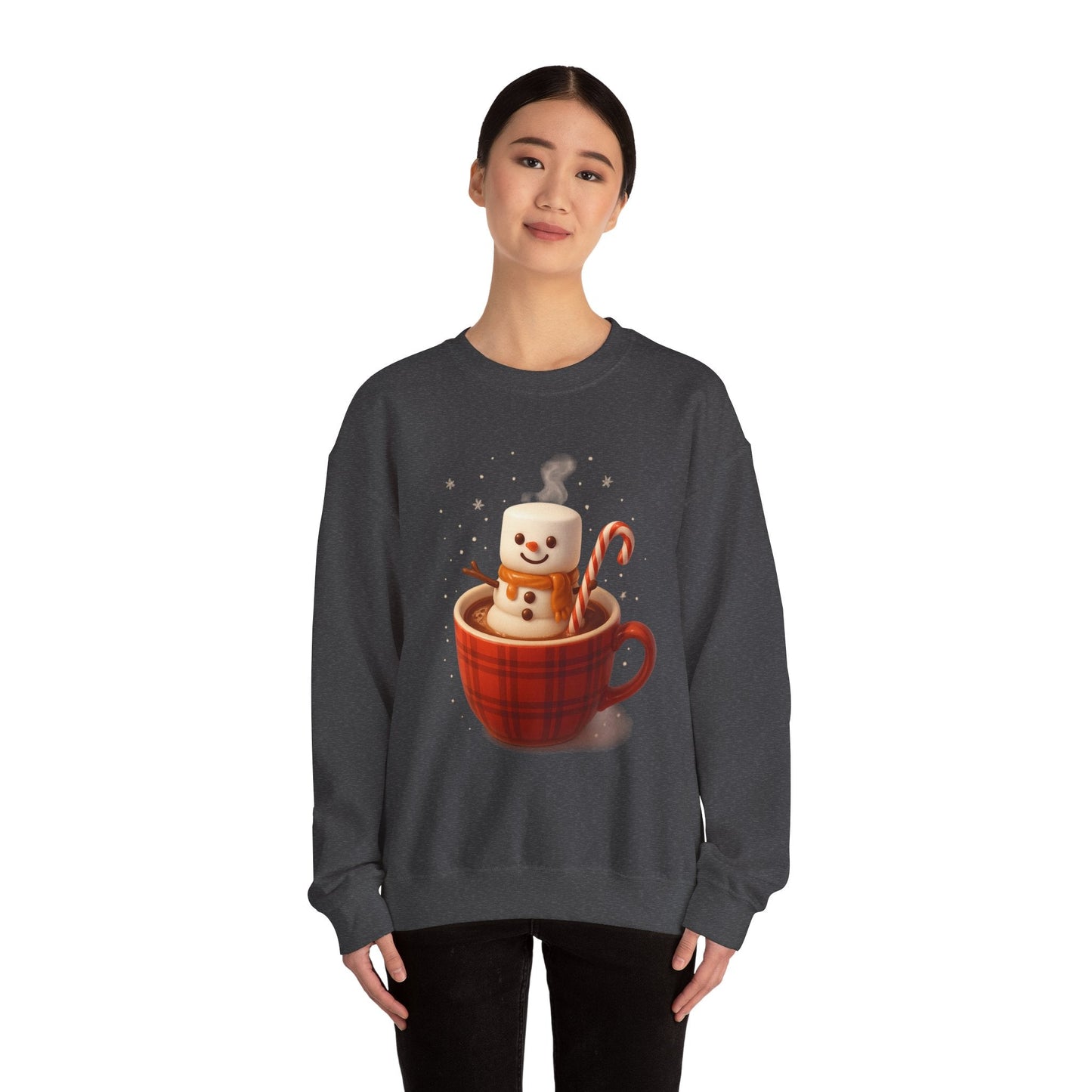 Printify Sweatshirt Cute Marshmallow Snowman in Plaid Mug Holiday Crewneck