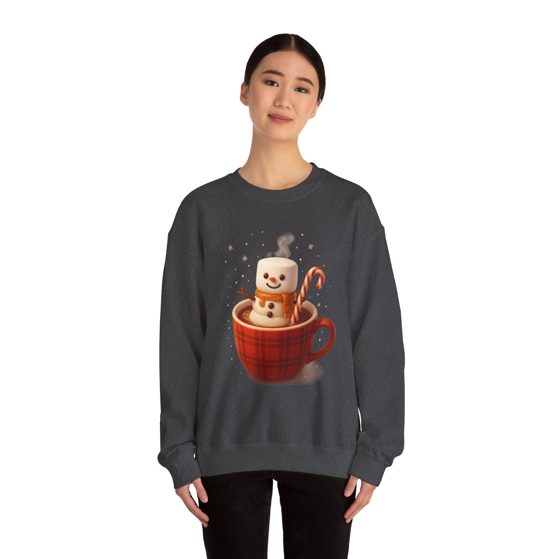 Printify Sweatshirt Cute Marshmallow Snowman in Plaid Mug Holiday Crewneck