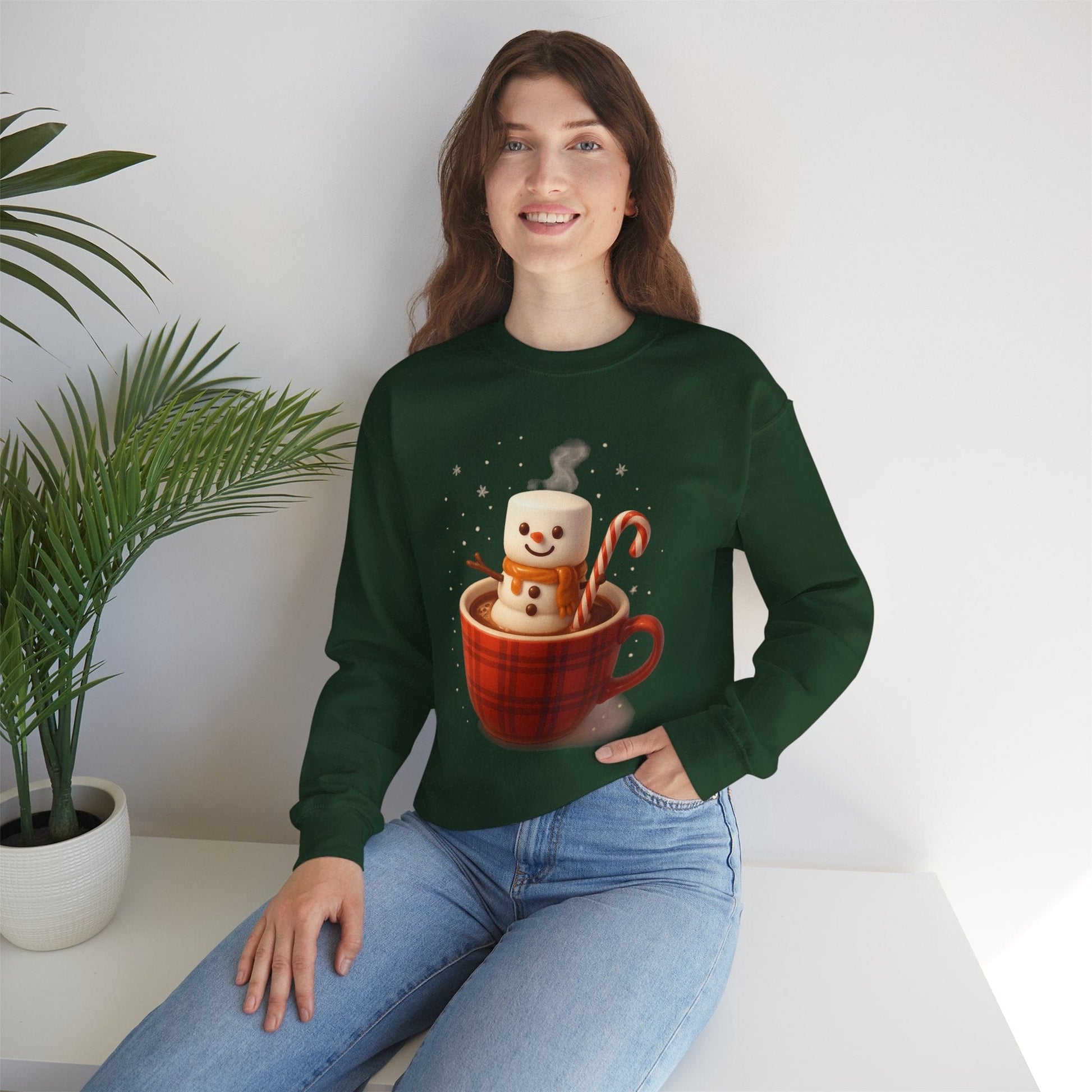 Printify Sweatshirt Cute Marshmallow Snowman in Plaid Mug Holiday Crewneck