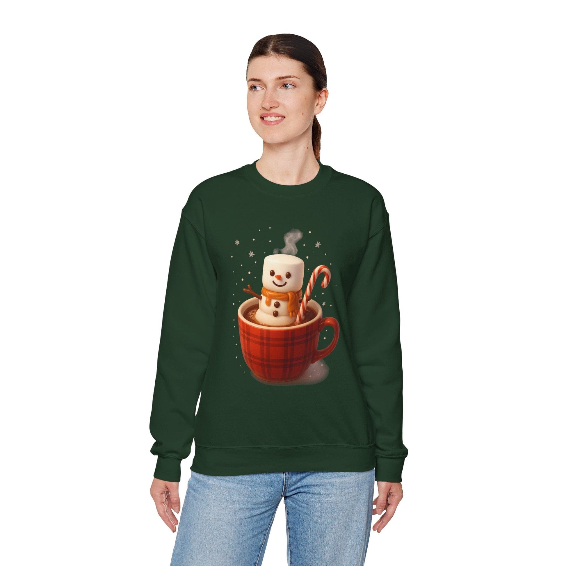 Printify Sweatshirt Cute Marshmallow Snowman in Plaid Mug Holiday Crewneck