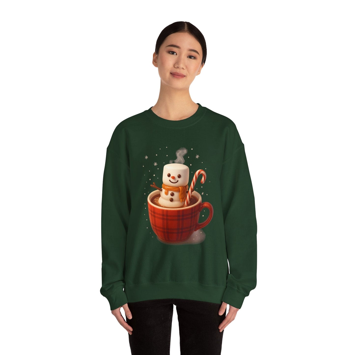 Printify Sweatshirt Cute Marshmallow Snowman in Plaid Mug Holiday Crewneck
